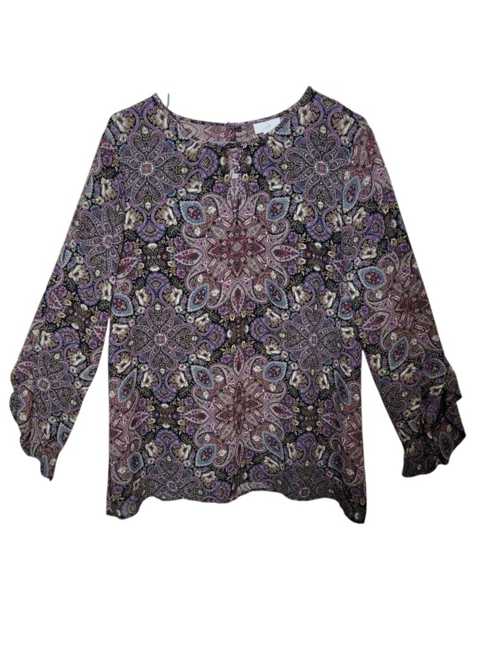 J. Jill Blouse Women's Large Ruffle Sleeve Pullover Purple Medallion Paisley